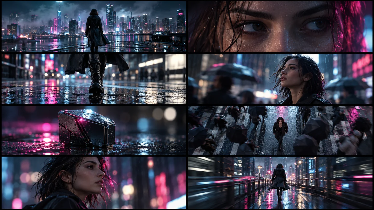 A cinematic eight-panel movie storyboard with rain, city lights, close-up eyes, and dramatic camera angles