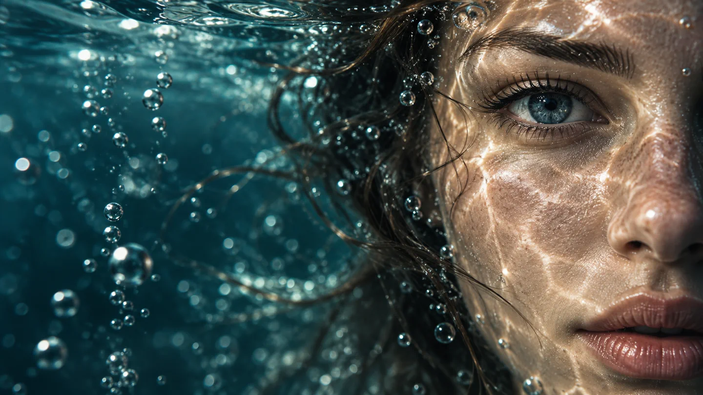 Cinematic underwater AI movie close-up with refracted light and bubbles